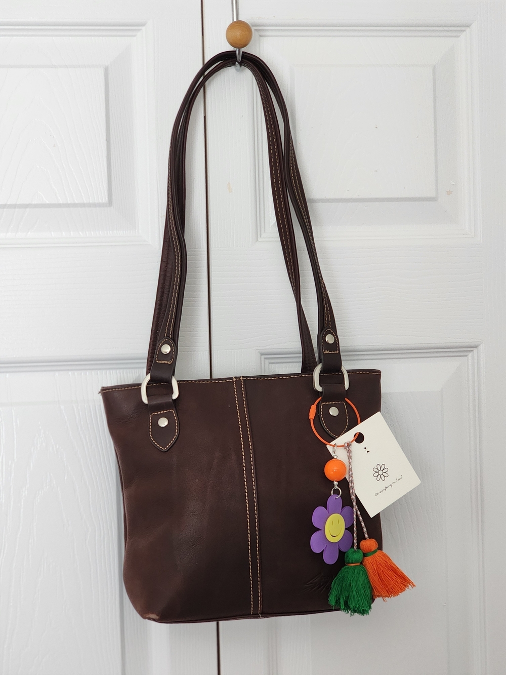 STONE MOUNTAIN  Brown Leather Shoulder Bag Colorful Tassel Charm